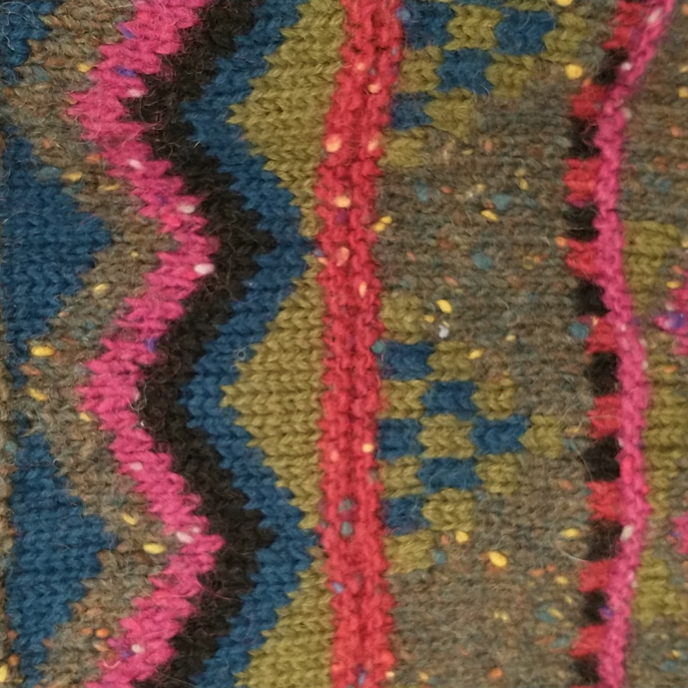 Colorful Handknit Cardigan Sweater Natural Undyed Wool Pockets Bold Pattern SeeM - Picture 8 of 13